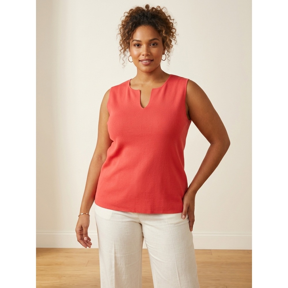 Liz Claiborne Coral Red Sleeveless Knit Top Notched V-Neck XL 100% Cotton